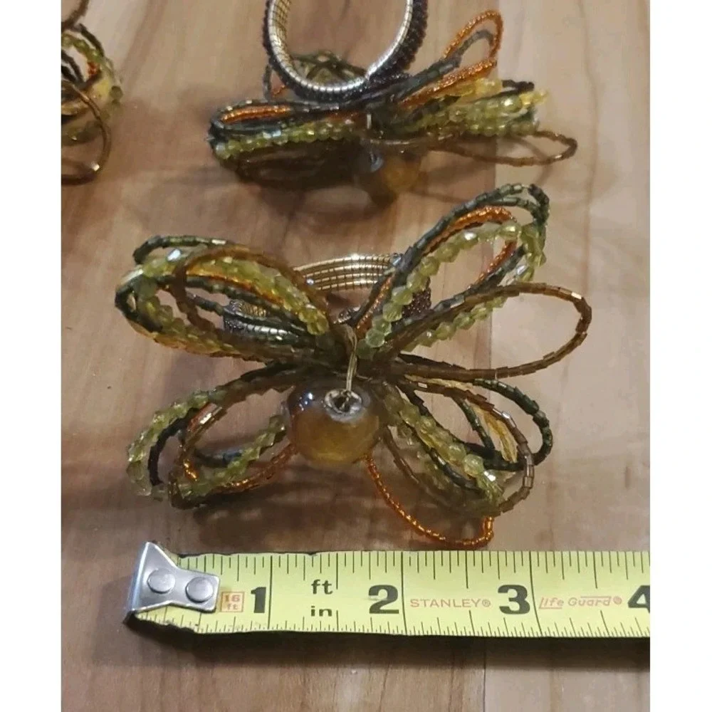 Pier One Beaded Napkin Rings Floral‎ Gold Rust Green Yellow Set Of 4
